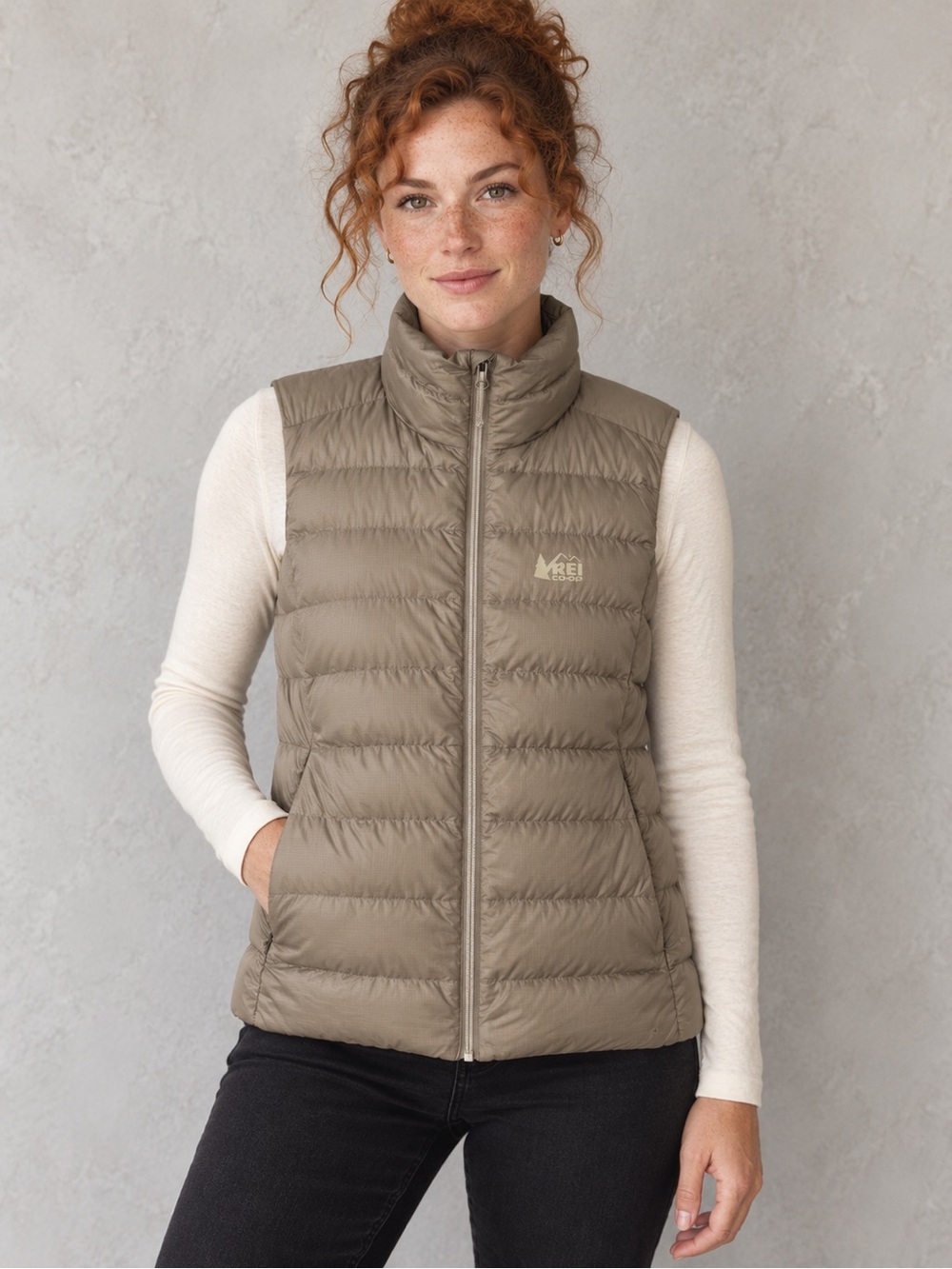REI Co-op 650 Down Puffer Vest Mushroom Taupe Quilted Packable Women's Size M